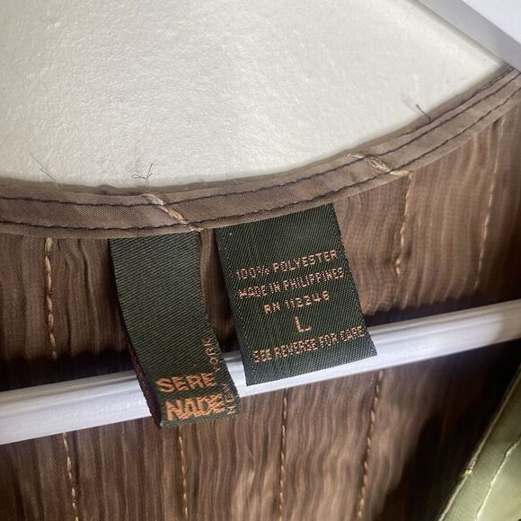 Serenade Y2k Style Green & Brown Crinkle Sheer Ruffle Blouse Top Large - Picture 5 of 11